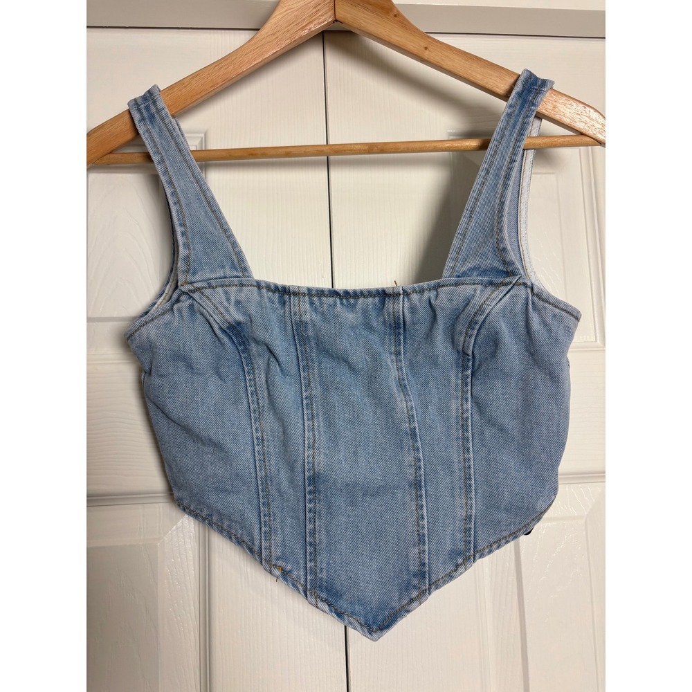 Forever 21 Light Wash Denim Corset Crop Top Zip Back Small Handkerchief Hem